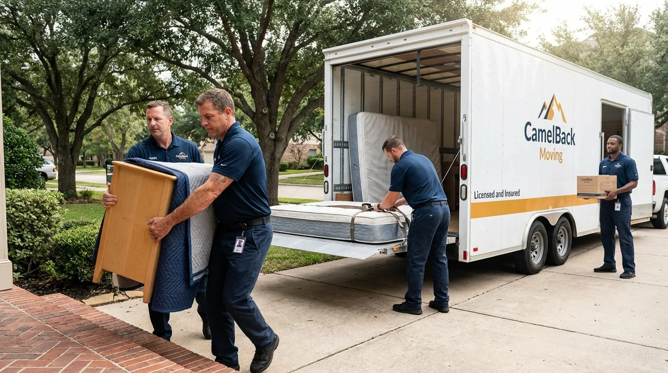 Crew loading residential truck for cross-state move from Floresville, TX