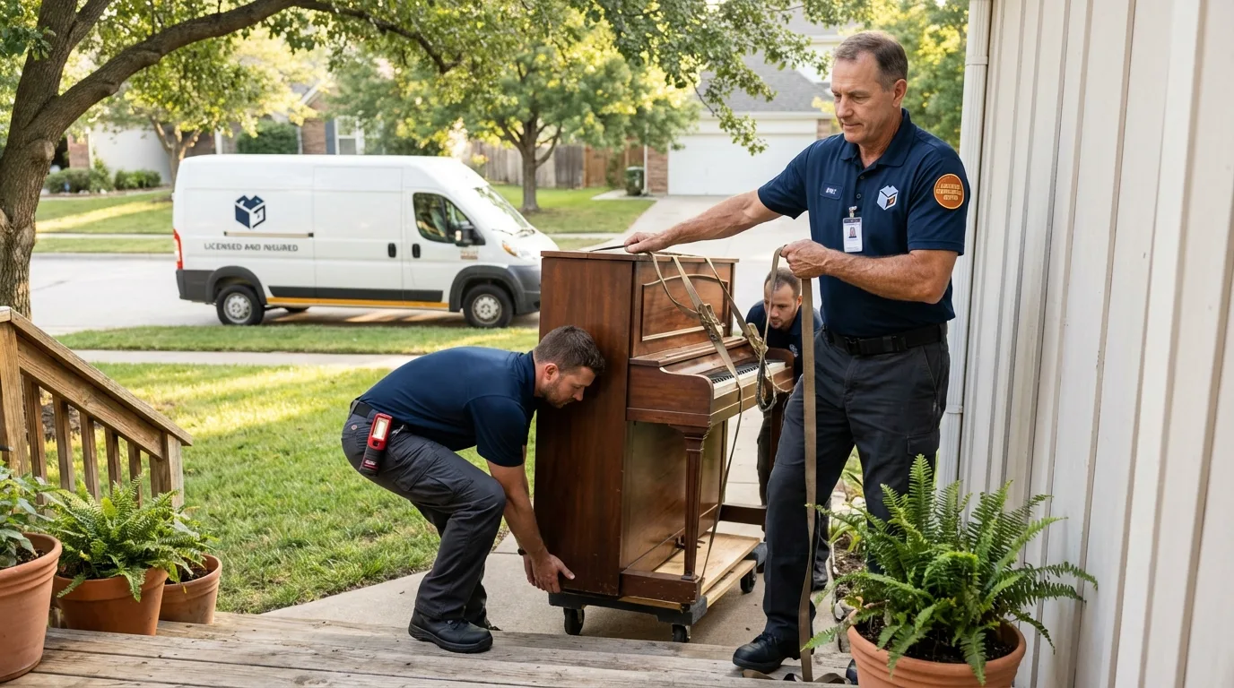 Licensed piano movers securing grand piano in Floresville, TX