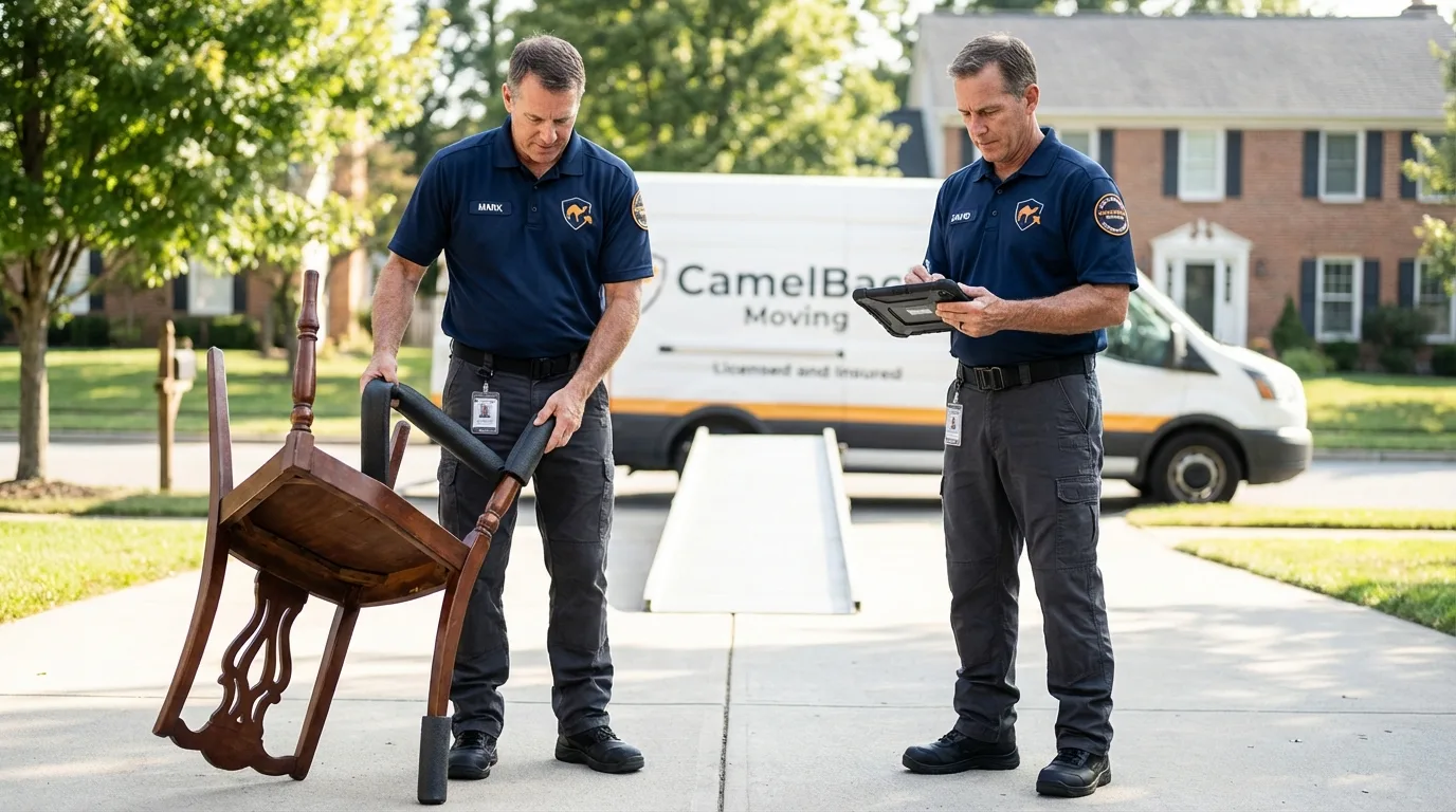 Movers inspecting furniture for damage prevention before loading in Floresville, TX