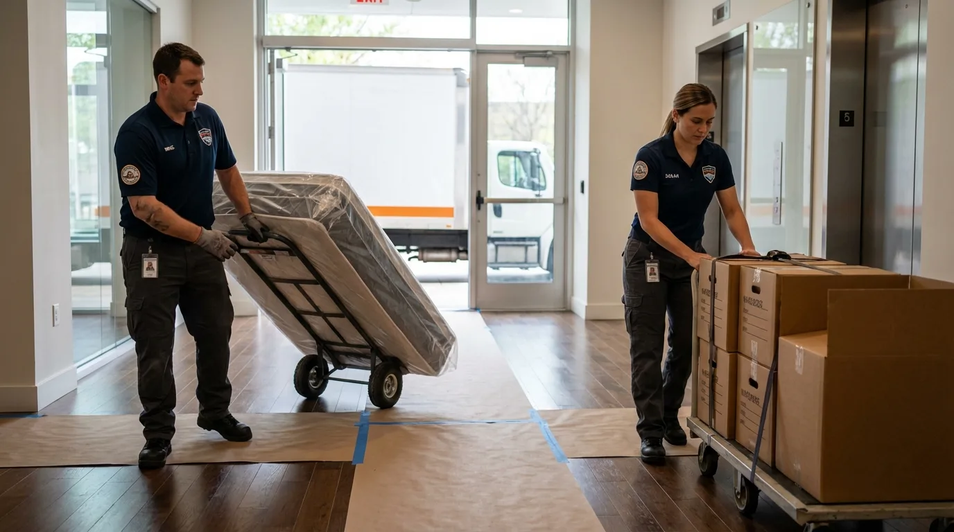 Professional apartment movers loading elevator in Floresville, TX