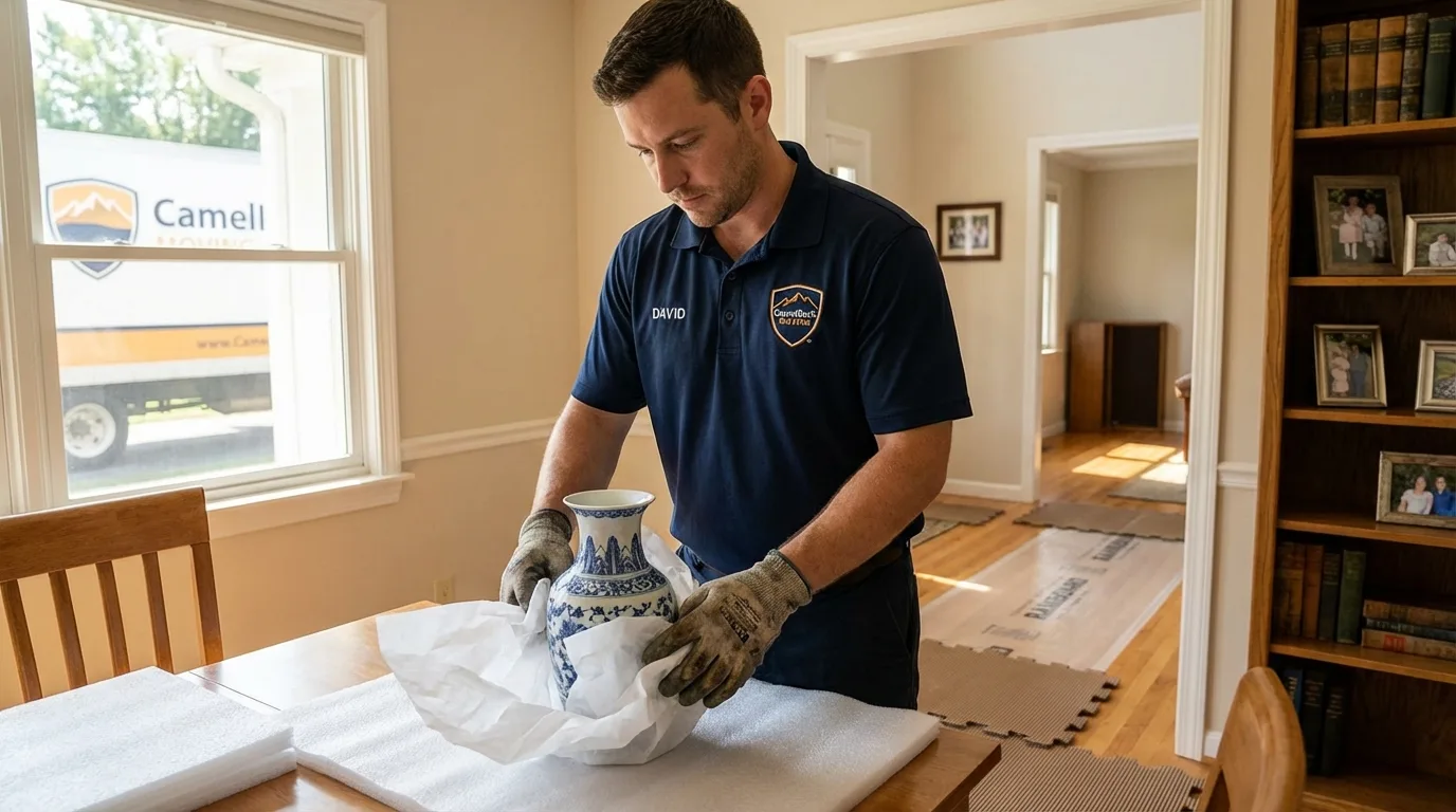 Professional crew carefully wrapping antique vase for senior downsizing move in Floresville, TX