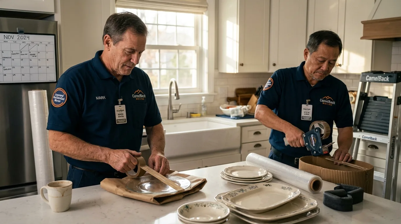 Professional crew packing kitchen dishware in Floresville, TX
